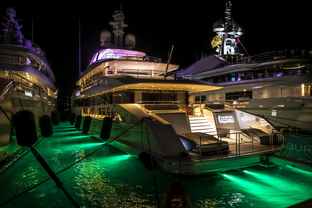 Yachts at night